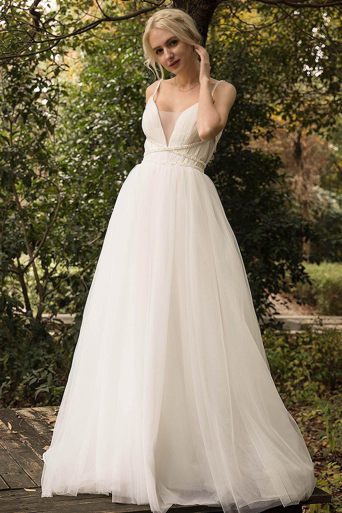 A-Line Sweep-Brush Train Tulle Wedding Dress CW3024 - COCOMELODY